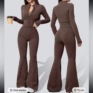 Brown Ribbed Knit Jumpsuit